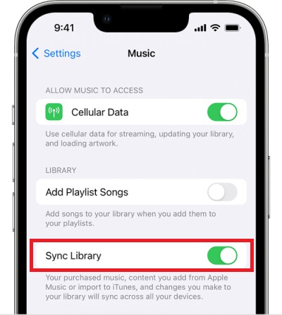 iPhone、iPad、および iPod Touch で Library Sync を有効にする