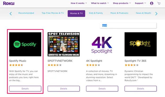 Add Spotify to Roku via Roku Webpages